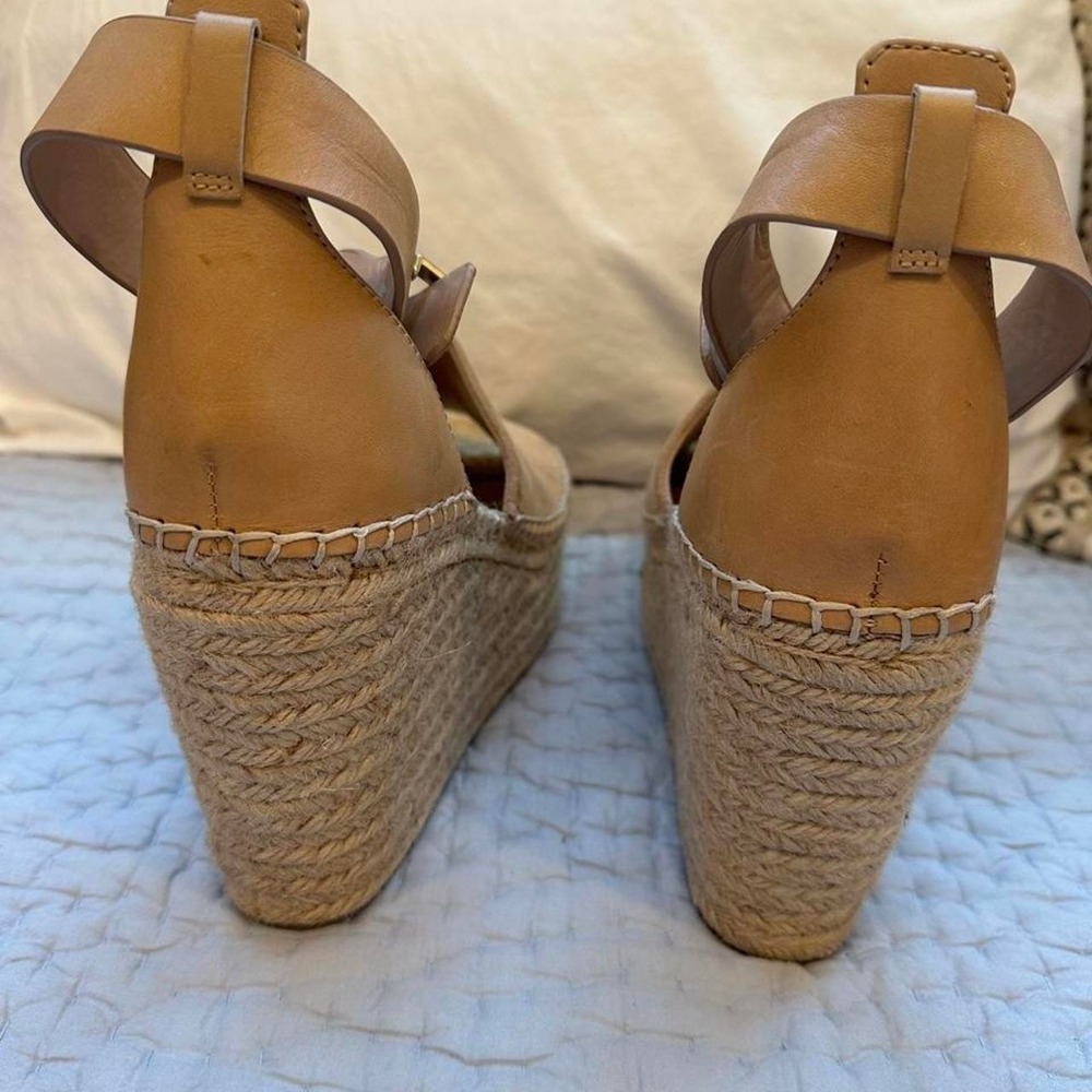 Size 9.5 4" heel Gianni Bini Tan suede espadrille wedge sandals - Picture 7 of 8
